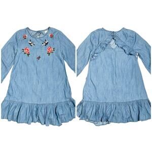 Zara | Girl | Embroidered Sequin Floral Butterfly Denim Chambray Dress | Sz 10